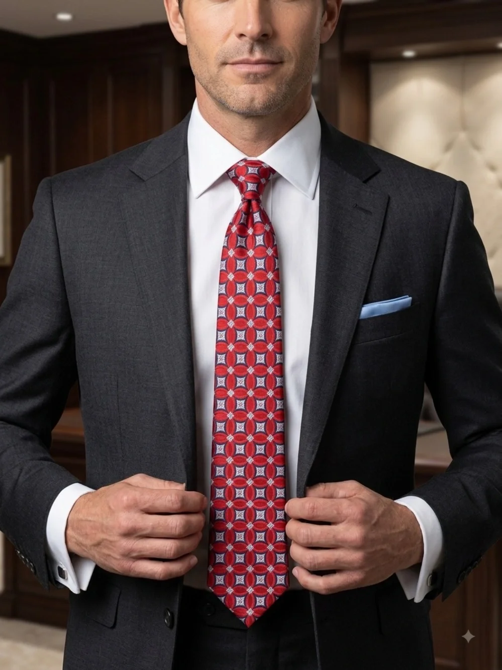 McMahan's Mens Handmade 100% Silk Tie Red Blue Geometric Circle Classic Width